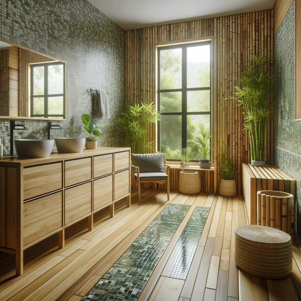 Latest Trends in Bathroom Remodeling for 2024: The image showcases a bathroom with bamboo flooring, recycled glass tiles, and a reclaimed wood vanity, complemented by natural light and green plants for a sustainable and stylish look.