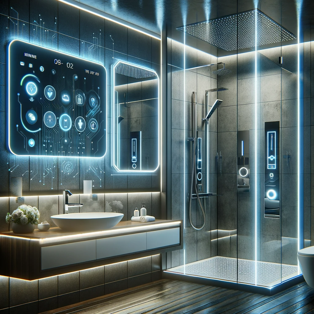 Smart Bathroom Technology: This modern bathroom features smart shower controls on a digital panel, an LED mirror with touch technology, and sleek design elements, reflecting the integration of advanced technology.