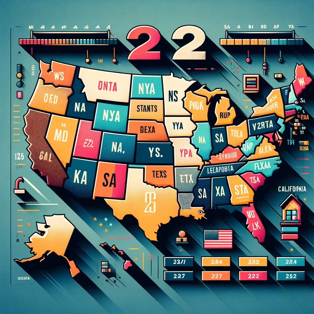 DALL·E 2024 05 13 22.34.46 A stylish and informative featured image for a blog about state by state Rebath cost comparison in 2024. The image should depict a map of the United S