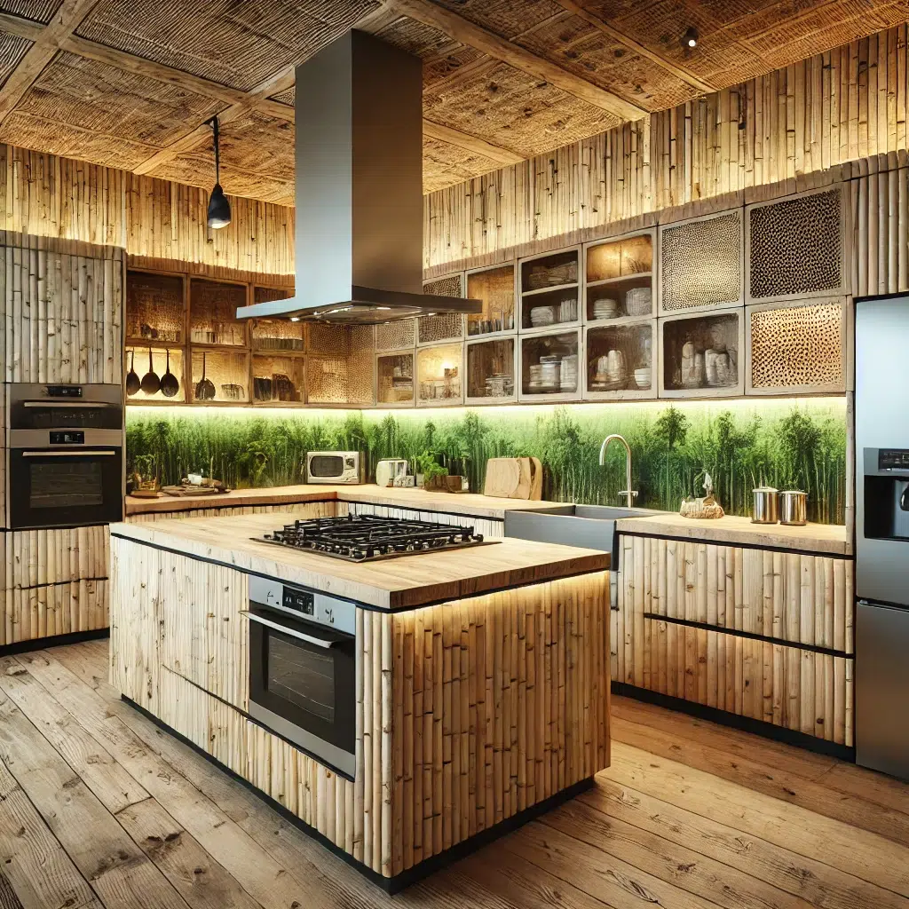 DALL·E 2024 06 21 17.58.41 A modern kitchen with sustainable materials like bamboo countertops and recycled glass backsplash. The cabinets are made from reclaimed wood and the