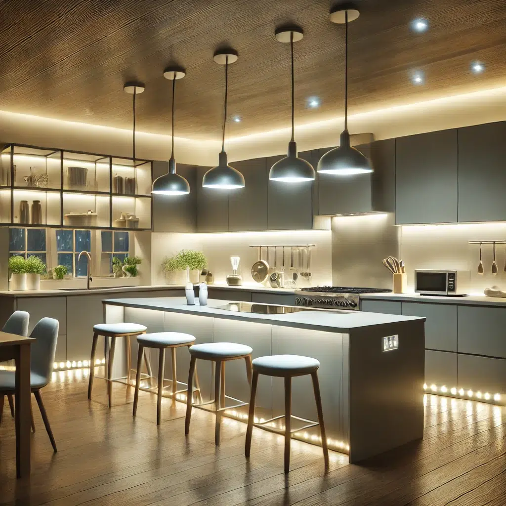 DALL·E 2024 06 21 17.59.32 A kitchen with energy efficient LED lighting. The kitchen features sleek modern design with LED light fixtures under the cabinets pendant lights ove